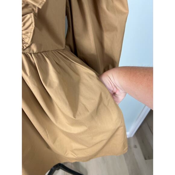 NWT En Saison mocha brown Puff Sleeve V-neck ruffle Mini Dress with Pockets - Picture 7 of 11